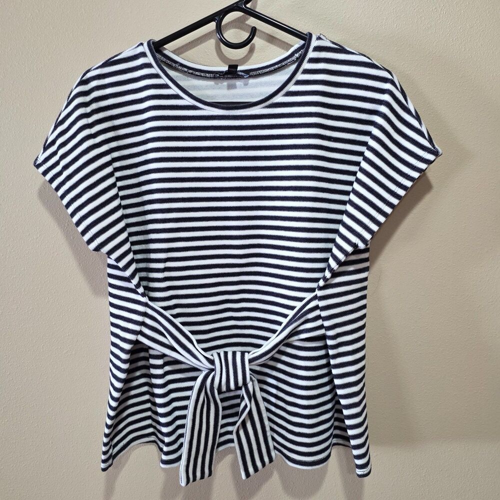 Express Black White Striped Tie Front Top M Nautical Parisian Office Stretch Tee - Picture 2 of 8